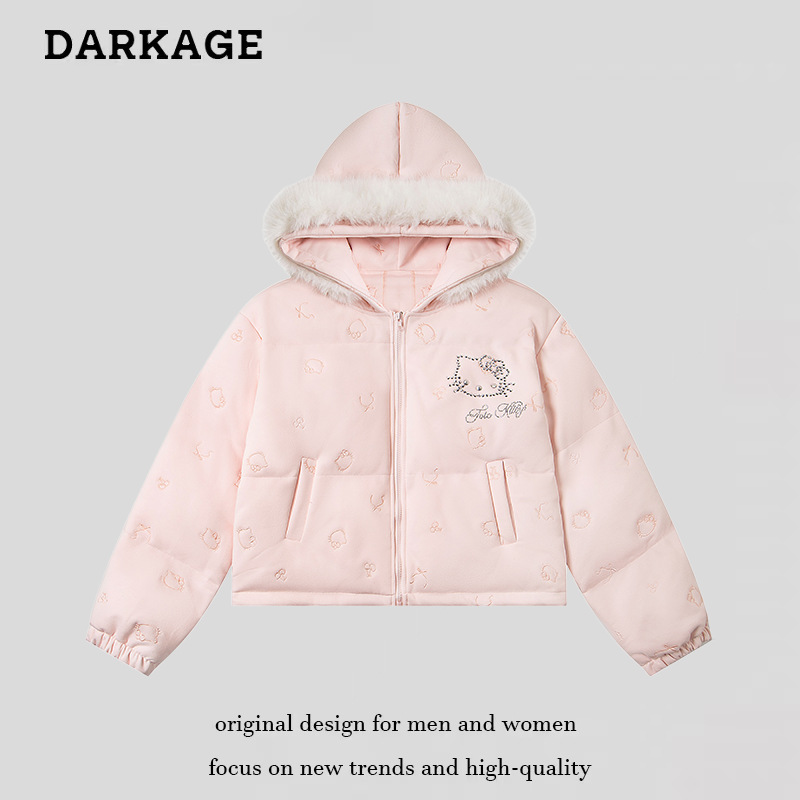 韩系可爱刺绣烫钻凯蒂猫毛领棉服短外套冬季新款宽松加厚保暖棉衣