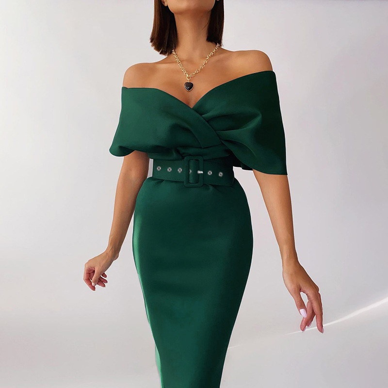 Solid Color Strapless High Waist Dress With Waist Belt NSSYV109655