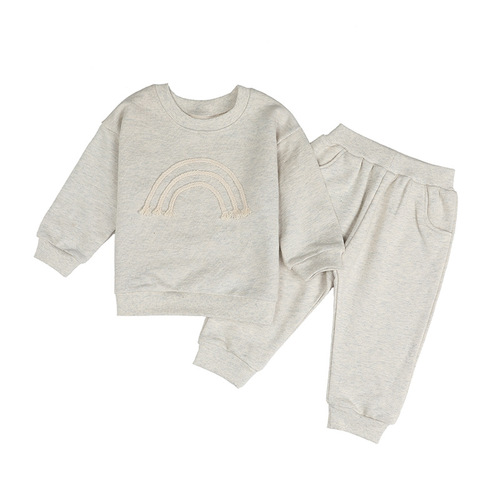 Autumn/Winter New Cross-border Instagram Children's Clothing Set: Long-sleeved Plain Cotton Rope Decorated Top + Pockets Long Pants