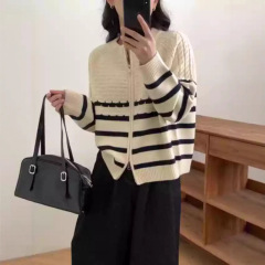 韩版撞色双拉链条纹针织开衫女秋冬季新款设计感圆领宽松毛衣外套
