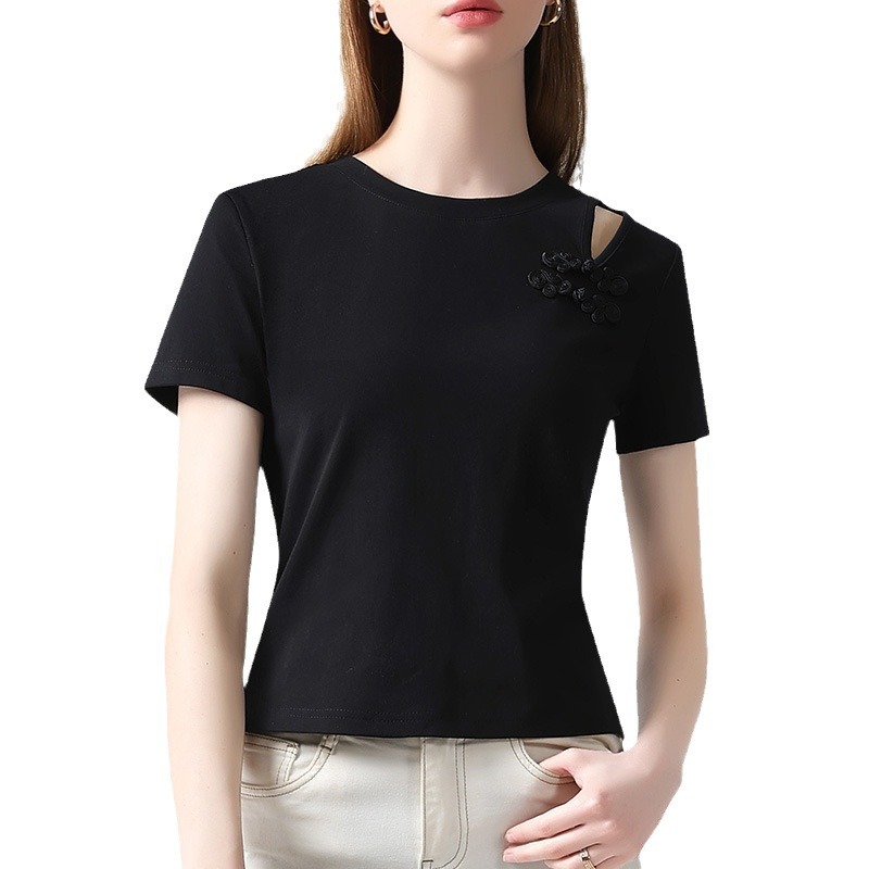 Nueva camiseta china de manga corta mujer 2025 nueva mujer retro hebilla de disco color sólido camiseta de algodón diseño sentido camisa hueca