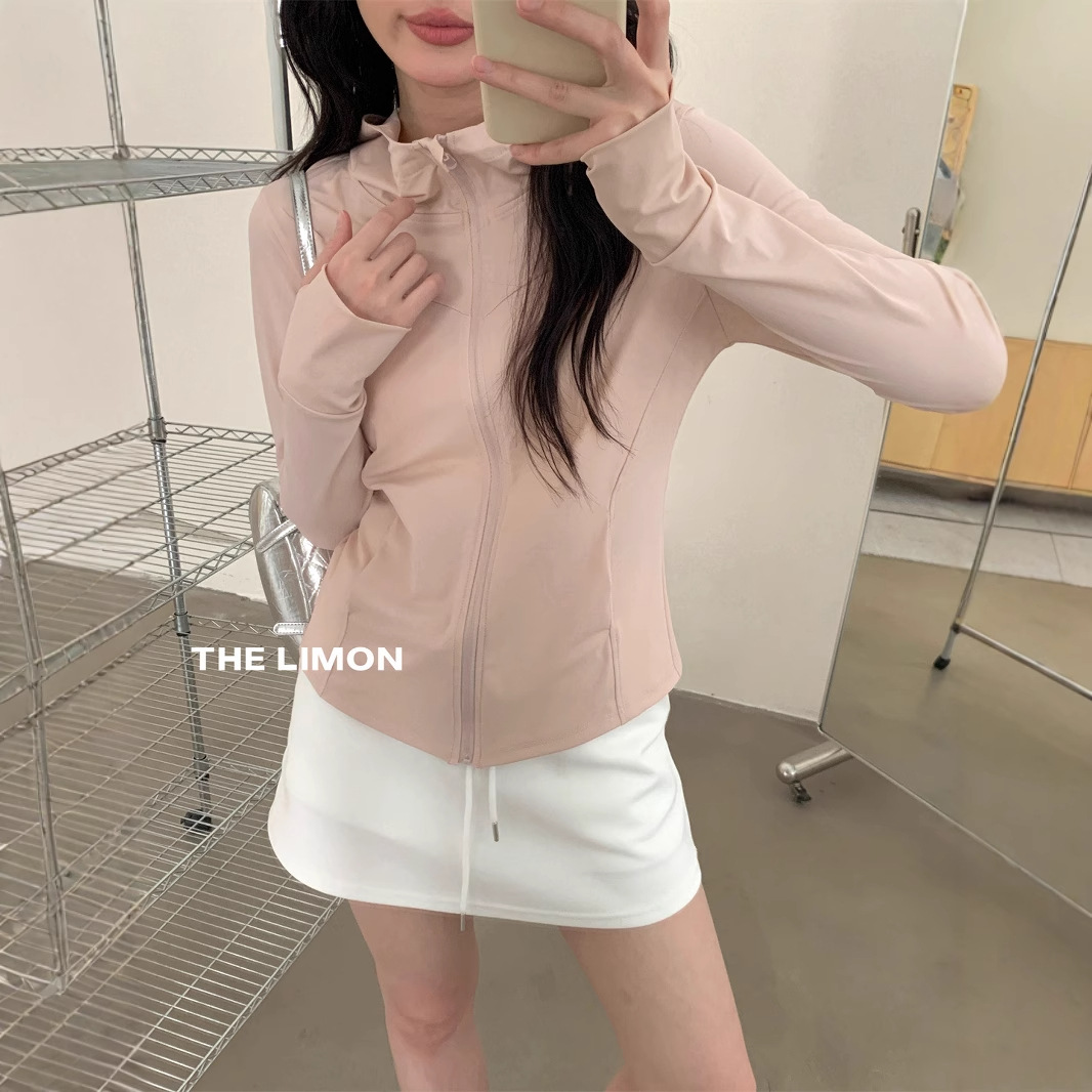 The limon té verde limón verano hielo seda con capucha cremallera camisa de protección solar mujer chaqueta corta delgada agradable para la piel mujer