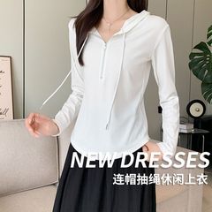 秋款拉链连帽长袖T恤衫女韩版修身显瘦上衣设计感白色燕尾卫衣女