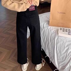 春季新款黑色九分直筒裤女大码胖mm梨型身材显瘦弹力阔腿牛仔裤子