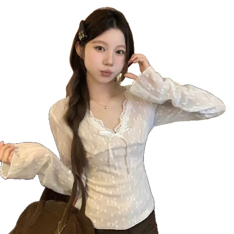 蕾丝拼接黑色v领长袖T恤女秋季修身显瘦打底小众纯欲薄款独特上衣|undefined