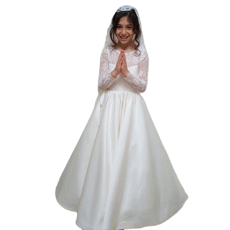 Europa y América del comercio exterior Amazon AliExpress deseo nuevo encaje de manga larga de satén princesa vestido de niña de las flores vestido personalizable