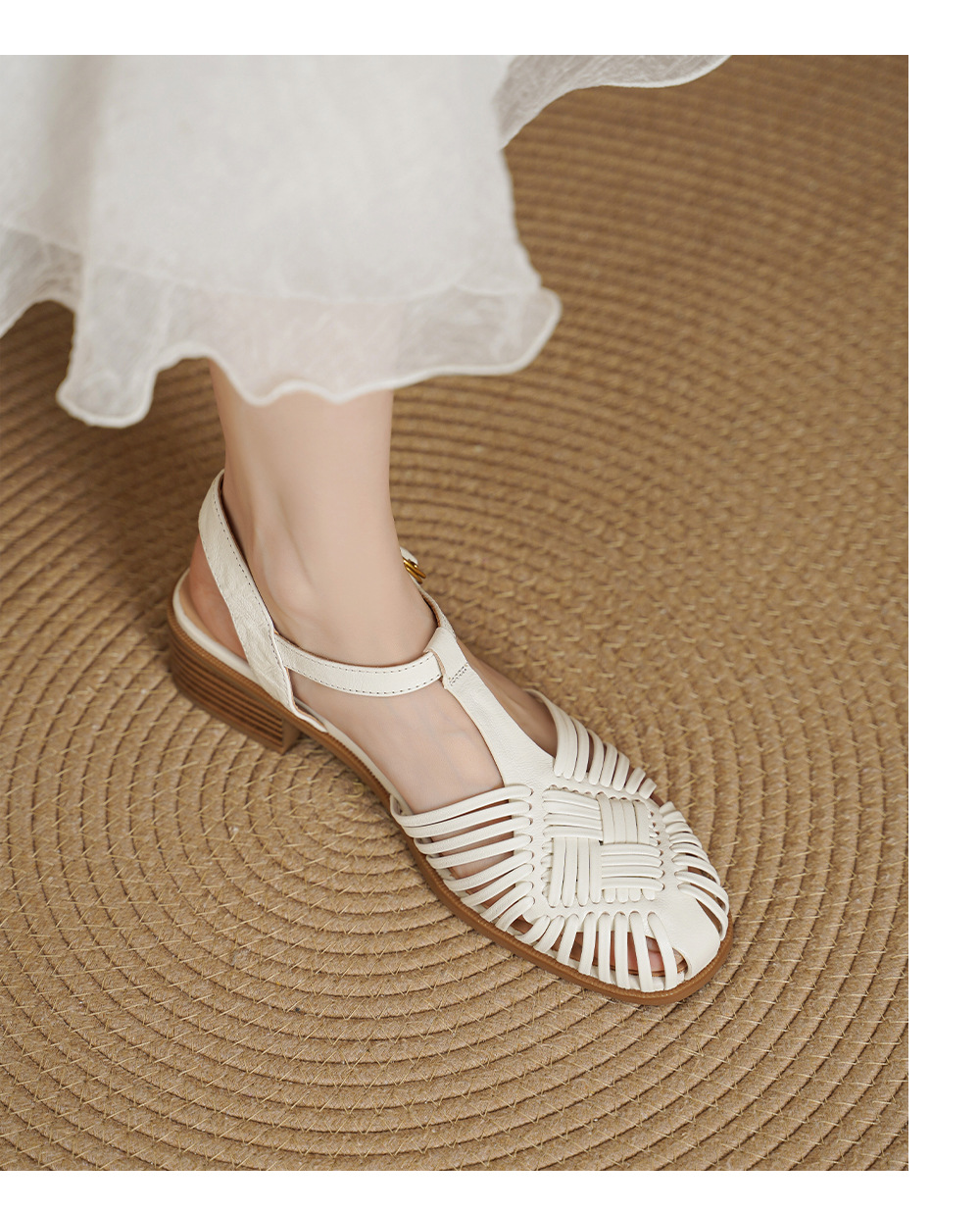 Sandal nữ quai ngang T-clasp gót thấp 4 cm phong cách vintage dệt rỗng — đen chi tiết 6