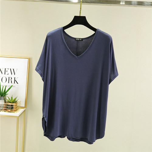 Modest women's V-neck plain T-shirt, plus size loose Korean style versatile outerwear top, thin and slimming base shirt