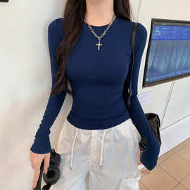 定制欧美女装休闲长袖袖t恤春秋纯色修身套头衫t恤女街装打底衫上