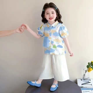 女童夏季短袖套装2026新款洋气宝宝时髦泡泡袖衬衫两件套儿童夏装
