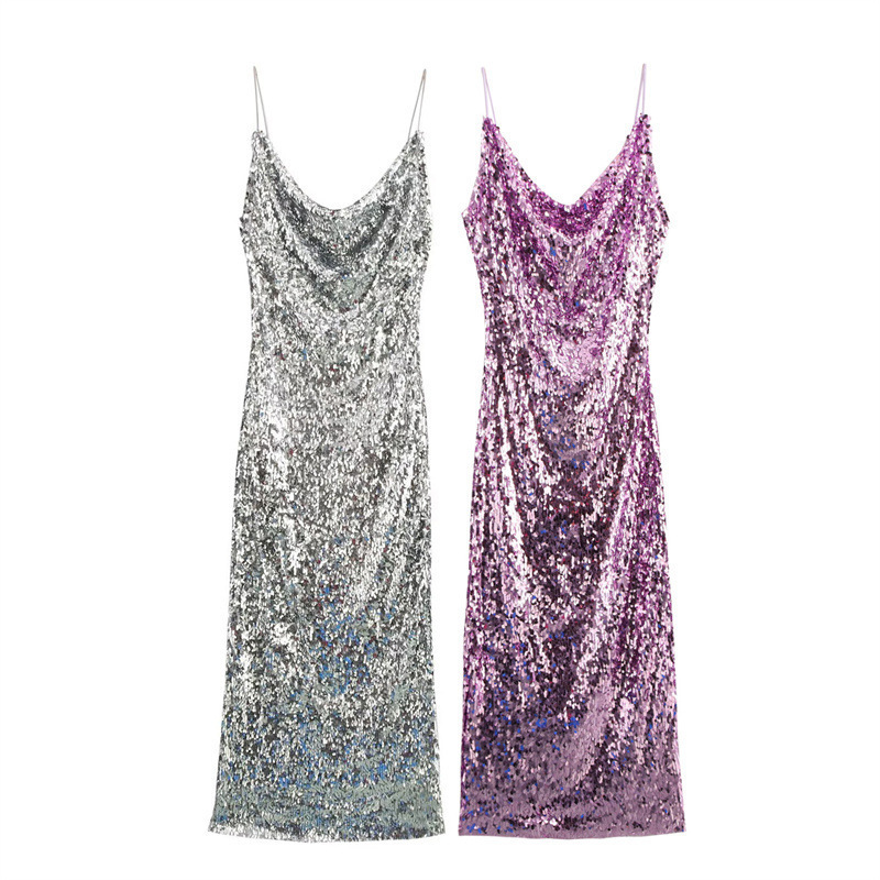 荡领时尚亮片2025新款吊带连衣裙春季气质优雅跨境欧美风女装迷笛