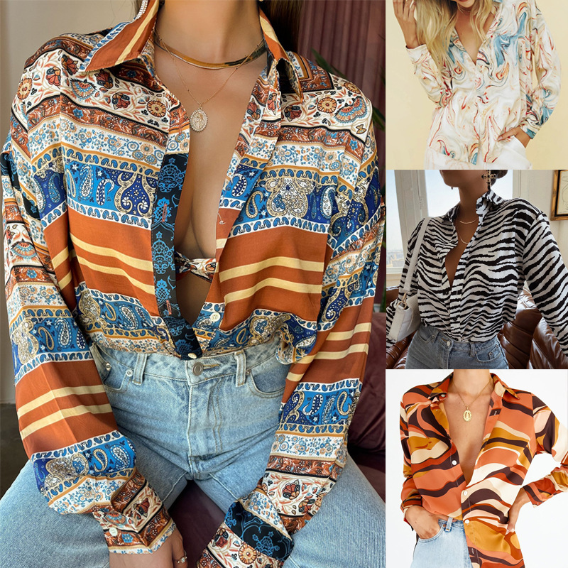 Amazon women shirt wavy print single-breasted long sleeve shirt striped print lapel cardigan SU2514