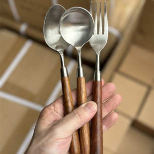 Japanese Retro Imitation Wood Walnut Handle Stainless Steel Tableware Set Western Food Matte Knife Spoon Fork Household Soup Spoon