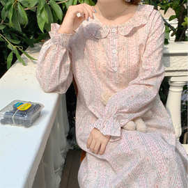 韩国ins女士外贸睡裙碎花气质优雅复古圆领睡衣高级感外穿家居服