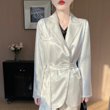 25年春夏新款丝滑缎面光感外套显瘦气质款小西服纯色百搭系带开衫