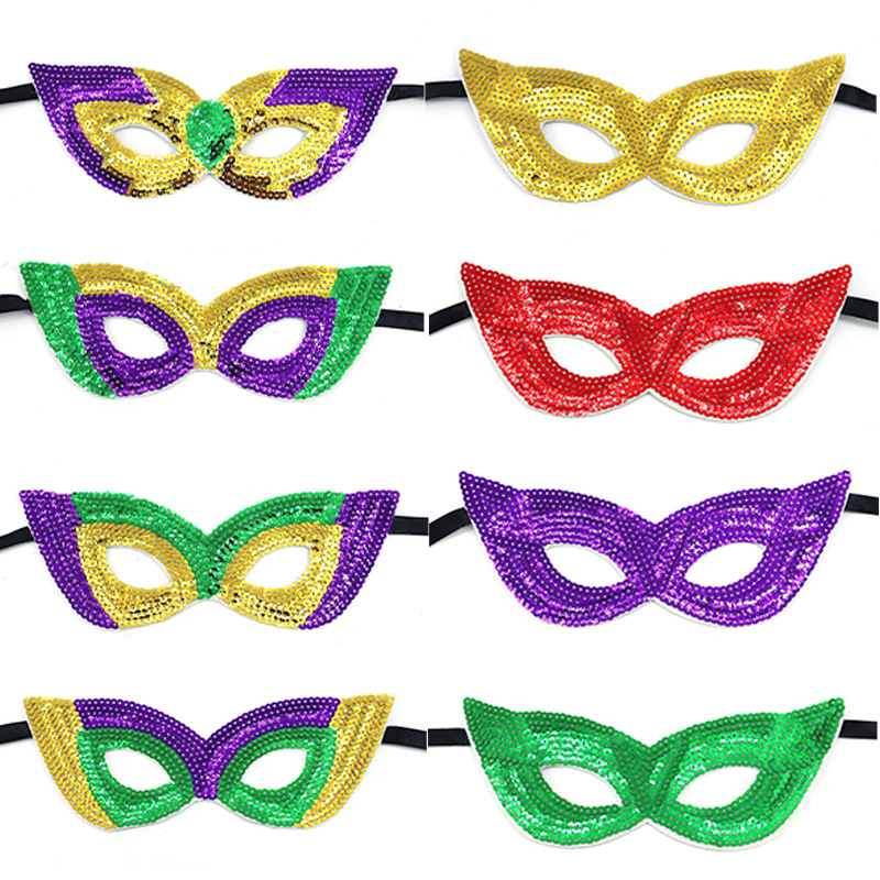Transfronterizos máscaras de baile de maquillaje amazónico tema carnaval dorado púrpura verde sequinado máscara de medio rostro suministros máscara