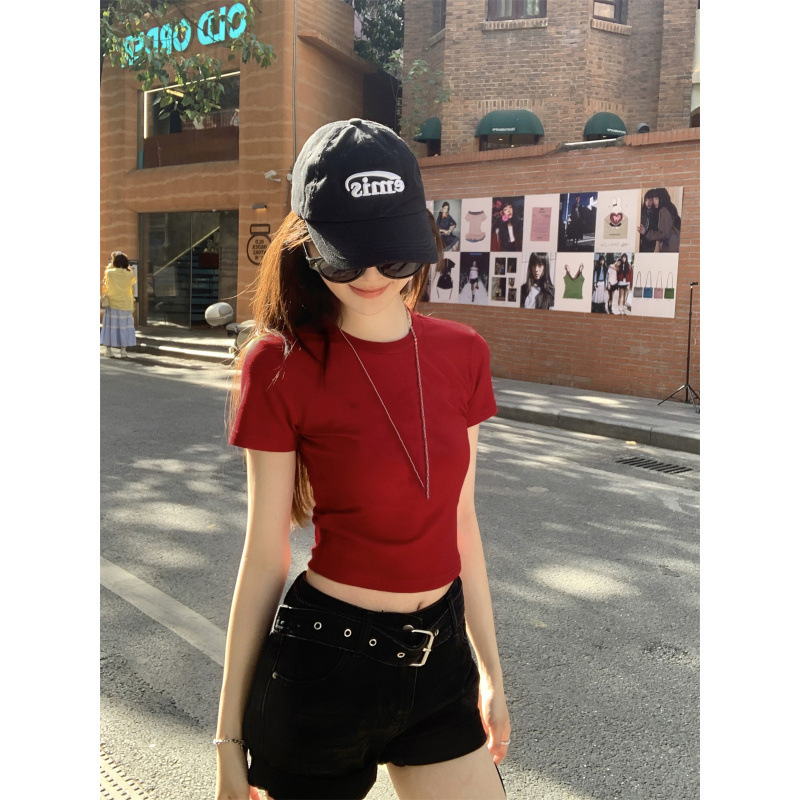 Unique Niche Burgundy Short-Sleeve Women's Summer Super Stylish Slim-Fit Cropped Regular Shoulder Short Top American-Style Solid Color T-Shirt