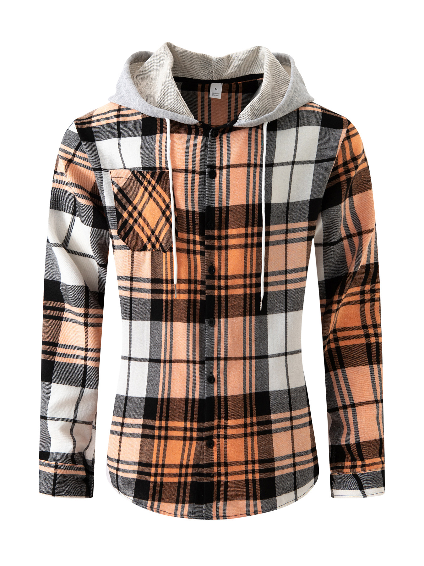 Men's Monochrome Long-sleeve Cotton Blend Hooded Plaid Shirt_voghion.com
