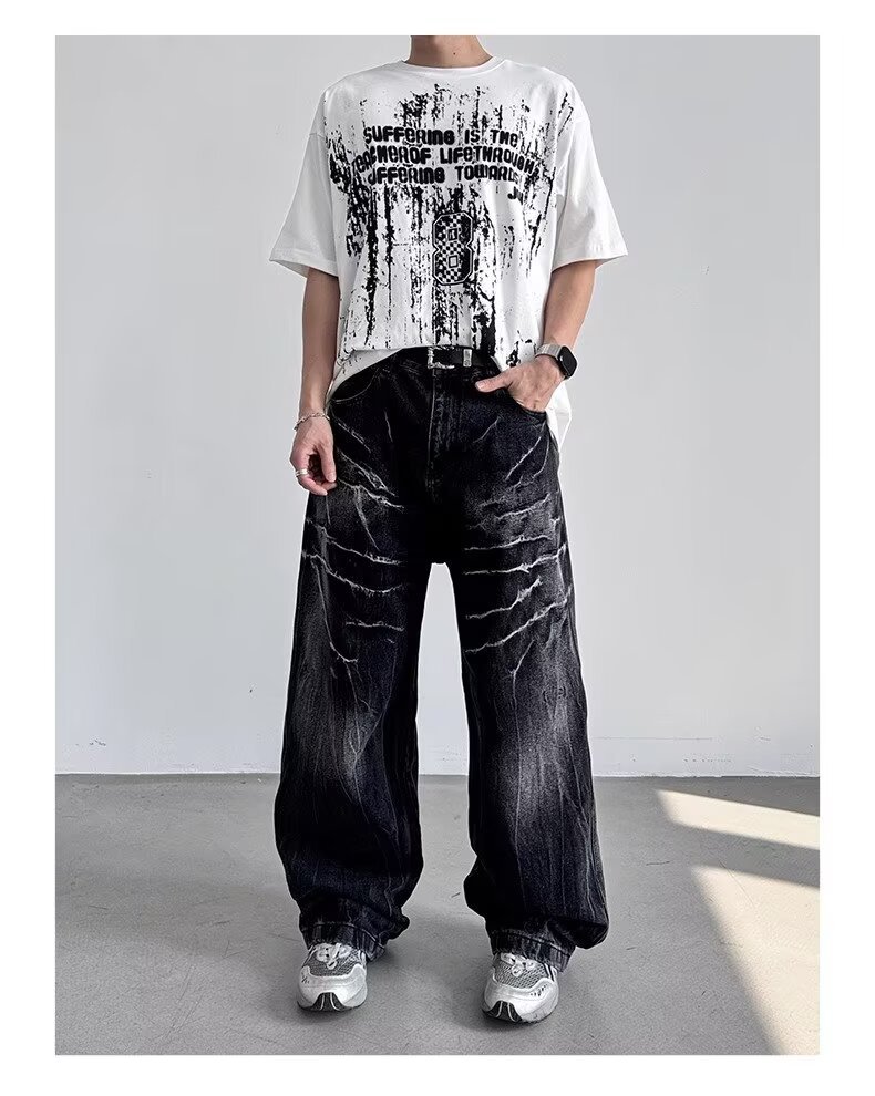 American Style Rivet Lightning Denim Jeans For Men And Women, Wide-Legged Distressed Wash Vintage Drop-Crotch Trousers, Trendy Streetwear Design_mkmklike.com