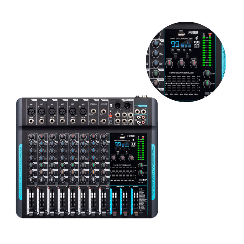 국경 간 전문 DSP 리버브 믹서 7 세그먼트 균형 DJ 믹서 무대 공연 결혼식 컨퍼런스