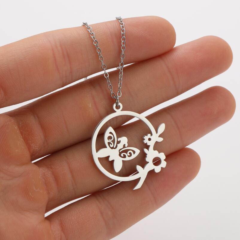 Fashion Flower Butterfly Stainless Steel Titanium Steel Plating Hollow Out Pendant Necklace 1 Piece