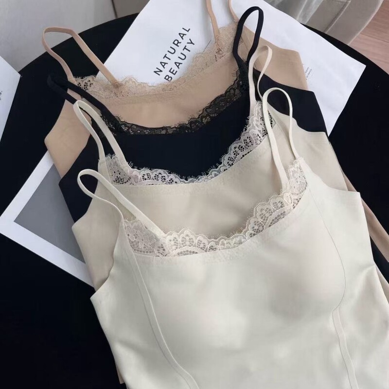 Popular Lace-Trimmed Camisole for Women with Built-In Bra Pads, Beautiful Back Design, Fixed Cup, Lift-Up Tube Top, Women's Base Layer Top