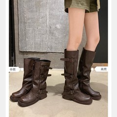 2025秋冬新款增高6cm_时髦皮带扣方圆头褶皱堆堆靴中筒骑士靴女秋