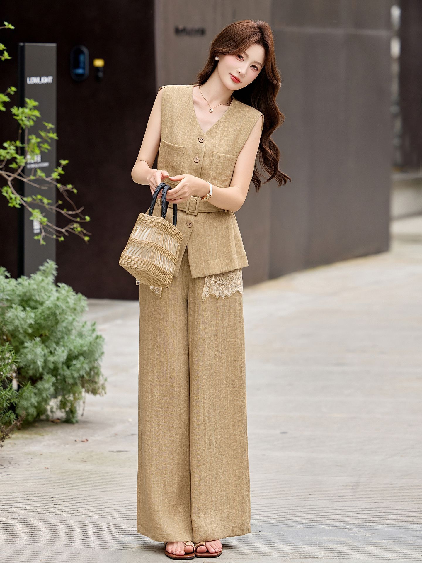 Bộ vest quần ống rộng nữ phối ren dây rút eo 2 món YH6133 — Màu ảnh