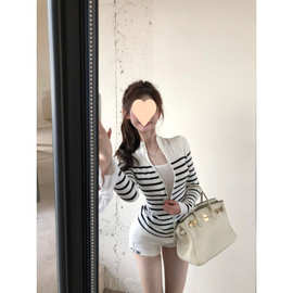 黑色条纹双拉链针织开衫女装早秋辣妹设计感修身短款外搭气质上衣