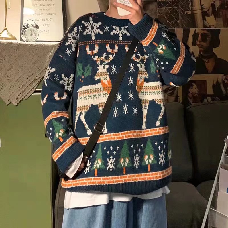 Autumn and Winter Sweater Men's Fashionable Loose Japanese Knitted Sweater Loose Christmas Double Elk Crewneck Lazy Cross-border Coat