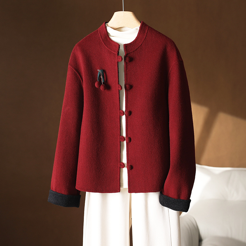 2025秋冬短款双面羊绒大衣网红国风单排扣新中式毛呢外套小个子女