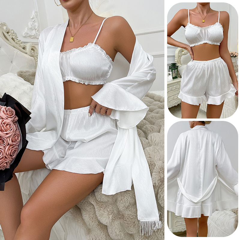 Mufei European and American Cross-Border Fashion Sexy Camisole Tube Top Shorts Nightgown Three-Piece Set Skin-Friendly Satin Loungewear 782