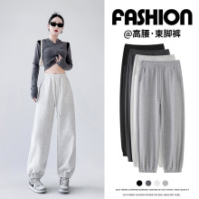 灰色运动裤女春秋款2024新款高腰宽松萝卜哈伦休闲小个子束脚卫裤