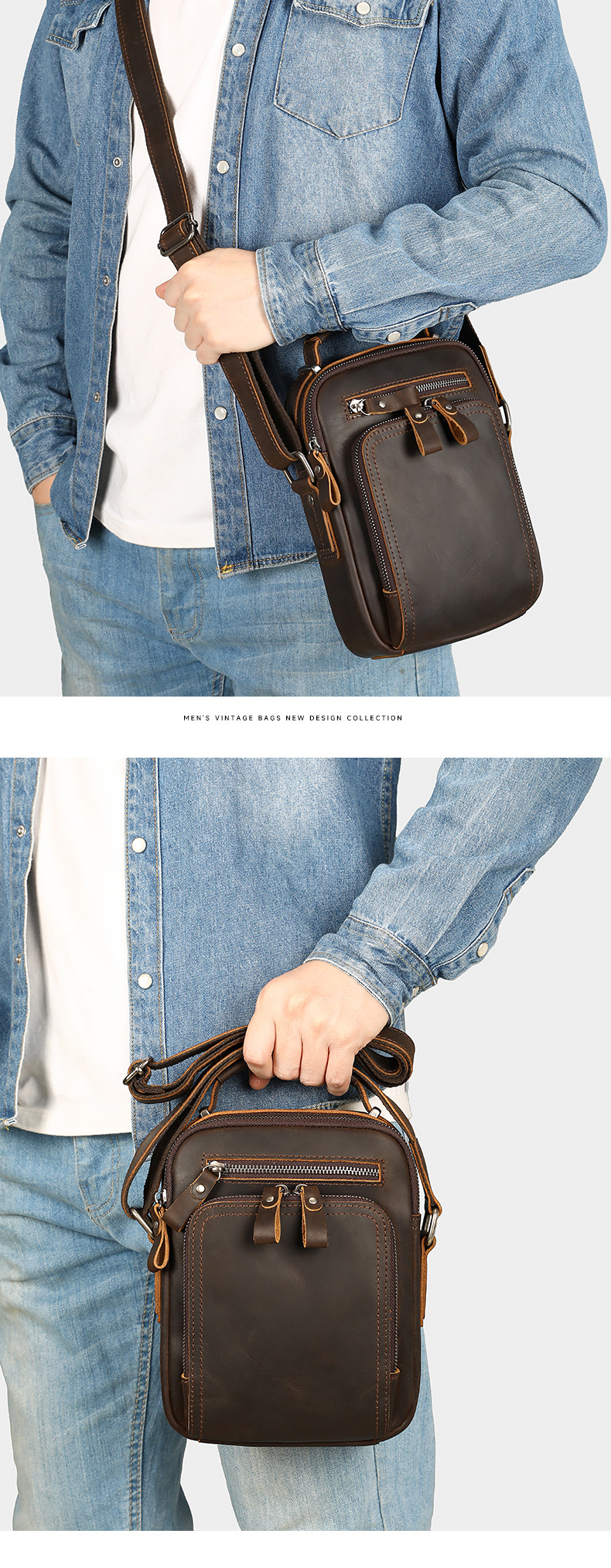 Túi đeo chéo nam da bò vintage phong cách retro châu Âu, thiết kế đơn giản đa năng — Kèn da ngựa điên màu nâu, Da ngựa điên màu nâu size lớn, Da ngựa điên màu nâu sẫm size nhỏ chi tiết 5