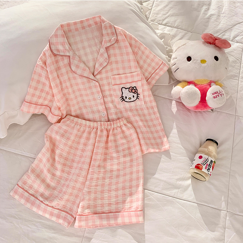 Cloud Cotton Pajamas Women's Short Sleeve Shorts Spring and Autumn Cat Cartoon Thin Children's Medium and Large Children's Home Clothing Set