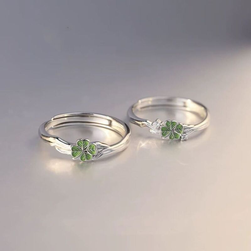 Four-Leaf Clover Couple Rings for Men and Women, Ins-Style Niche Design, Simple Leaf-Shaped Pair Rings, Adjustable Open Ring Gift