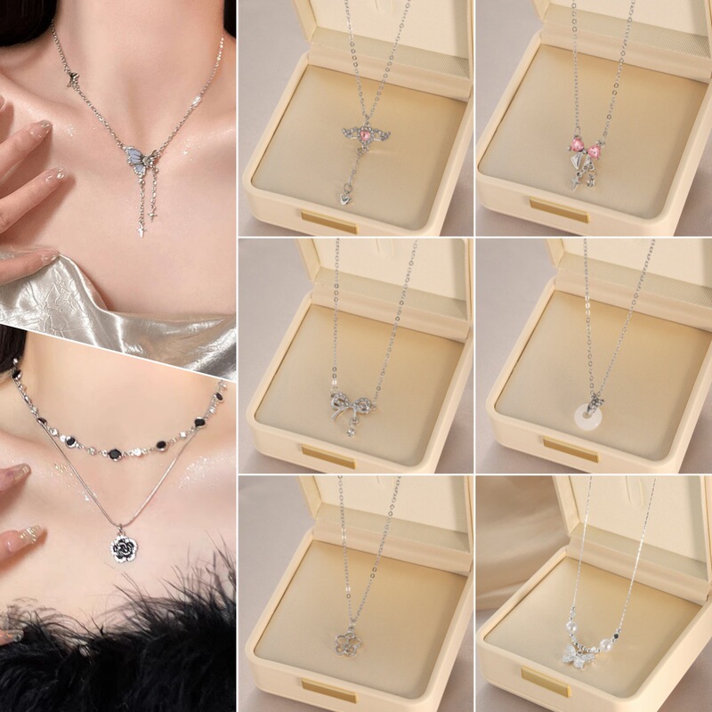 Diamond-Encrusted Bowknot Necklace, Light Luxury Niche Jewelry for Women, High-End Rose Flower Design Accessories, Pearl Pendant Diamond-Encrusted Bowknot Necklace, Light Luxury Niche Jewelry for Women, High-End Rose Flower Design Accessories, Pearl Pendant
