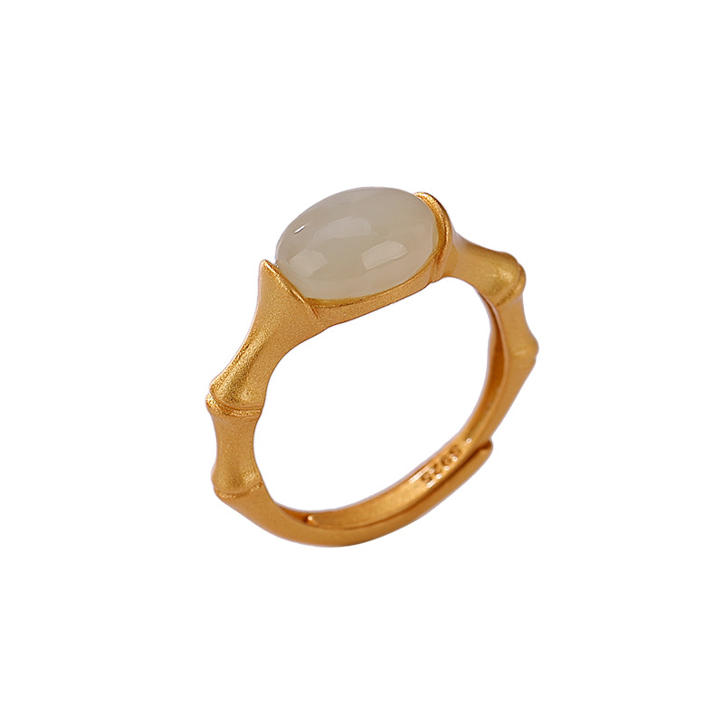 Nhẫn nữ bạc S925 mạ vàng mặt ngọc bích hình trứng phong cách đơn giản — Màu trắng ngọc bích cỡ lớn