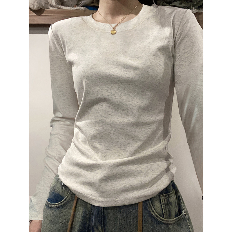 美式正肩灰色长袖T恤女显瘦秋冬新款内搭小众收腰修身打底衫上衣|undefined