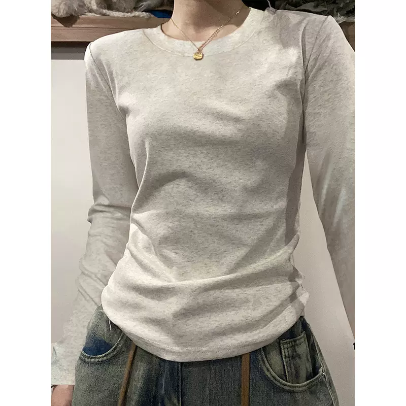 美式正肩灰色长袖T恤女显瘦秋冬新款内搭小众收腰修身打底衫上衣