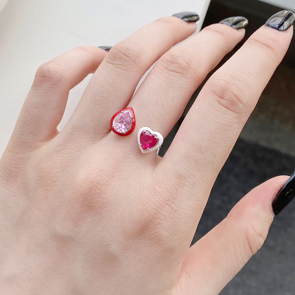 Fashion Water Droplets Heart Shape Sterling Silver Plating Inlay Zircon Open Ring 1 Piece