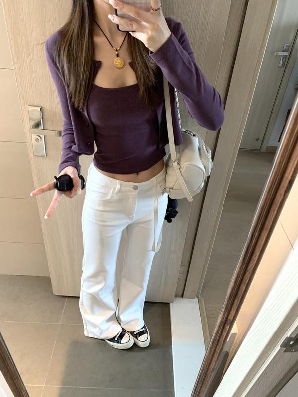 两件套开衫配吊带紫色针织衫女早秋穿搭韩系休闲短款百搭外搭上衣|undefined