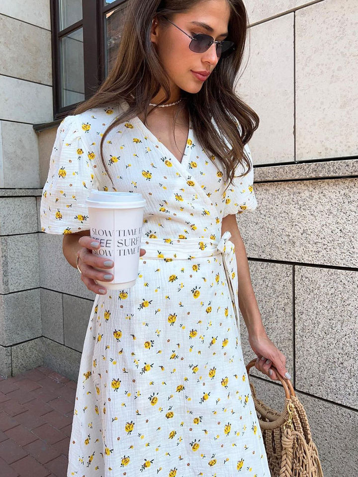 Đầm liền cotton in hoa cổ chữ V tay bồng buộc dây lưng cao — Hoa oải hương, Hoa tulip màu hồng, Màu be, Màu hồng chi tiết 137