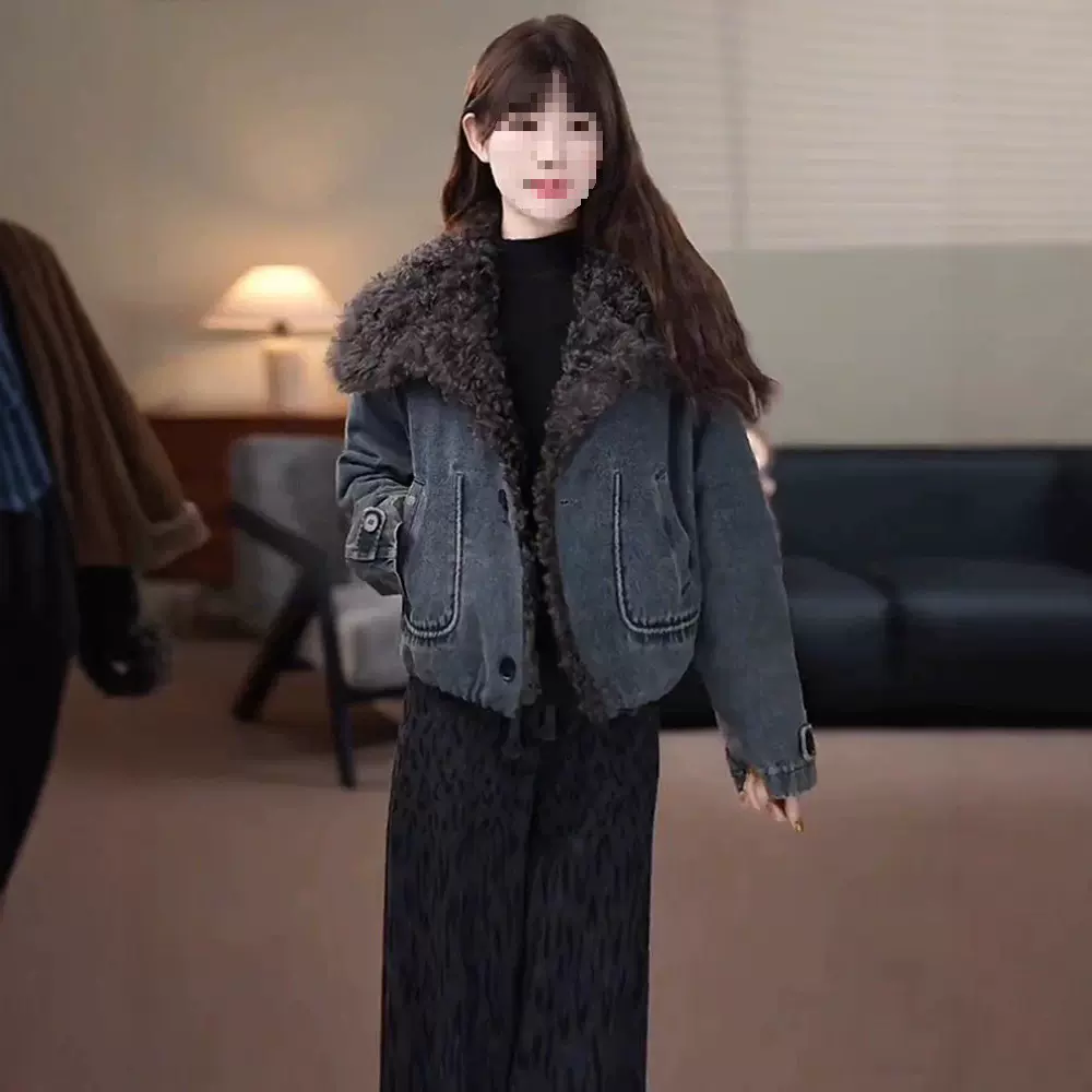 时尚短款羽绒棉服女冬季新款韩版宽松洋气羊羔毛领派克服棉袄外套