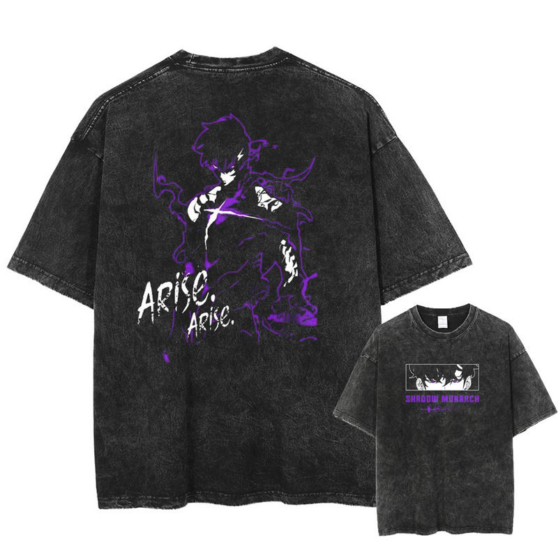 Anime Solo Level Sung Jin Woo Printed Washed T-Shirt Men's Pure Cotton T-Shirt Comic Retro T-Shirt