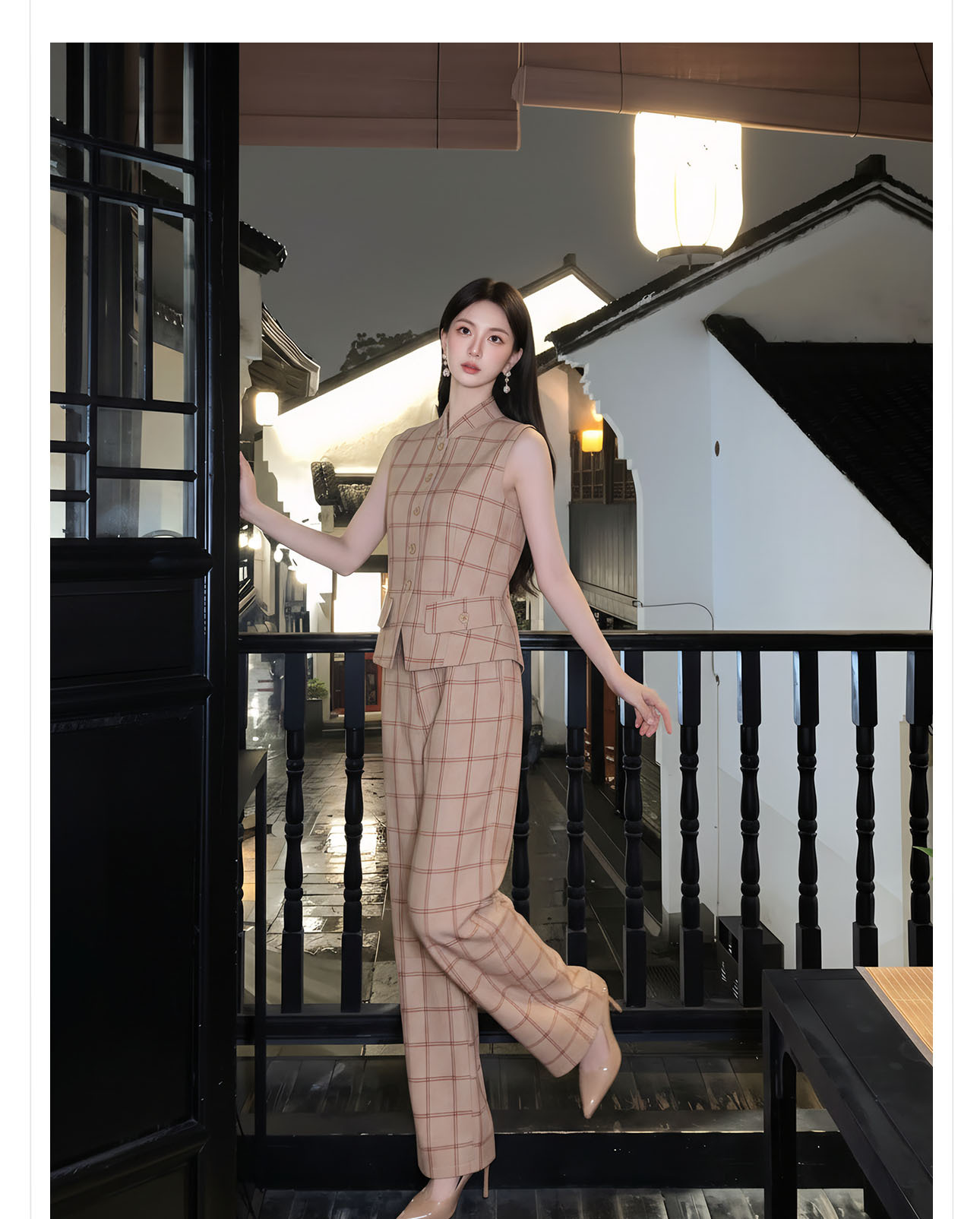 Bộ áo gile + quần dài nữ họa tiết kẻ caro thiết kế cổ điển, cài khuy vải, phối quần ống rộng — bộ đồ, Trang chủ, Quần dài chi tiết 10