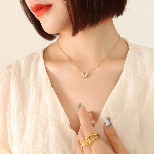 Japanese and Korean Style Trendy Fresh and Sweet Personalized Versatile Niche Design Butterfly White Sea Shell Necklace Earrings Jewelry Set