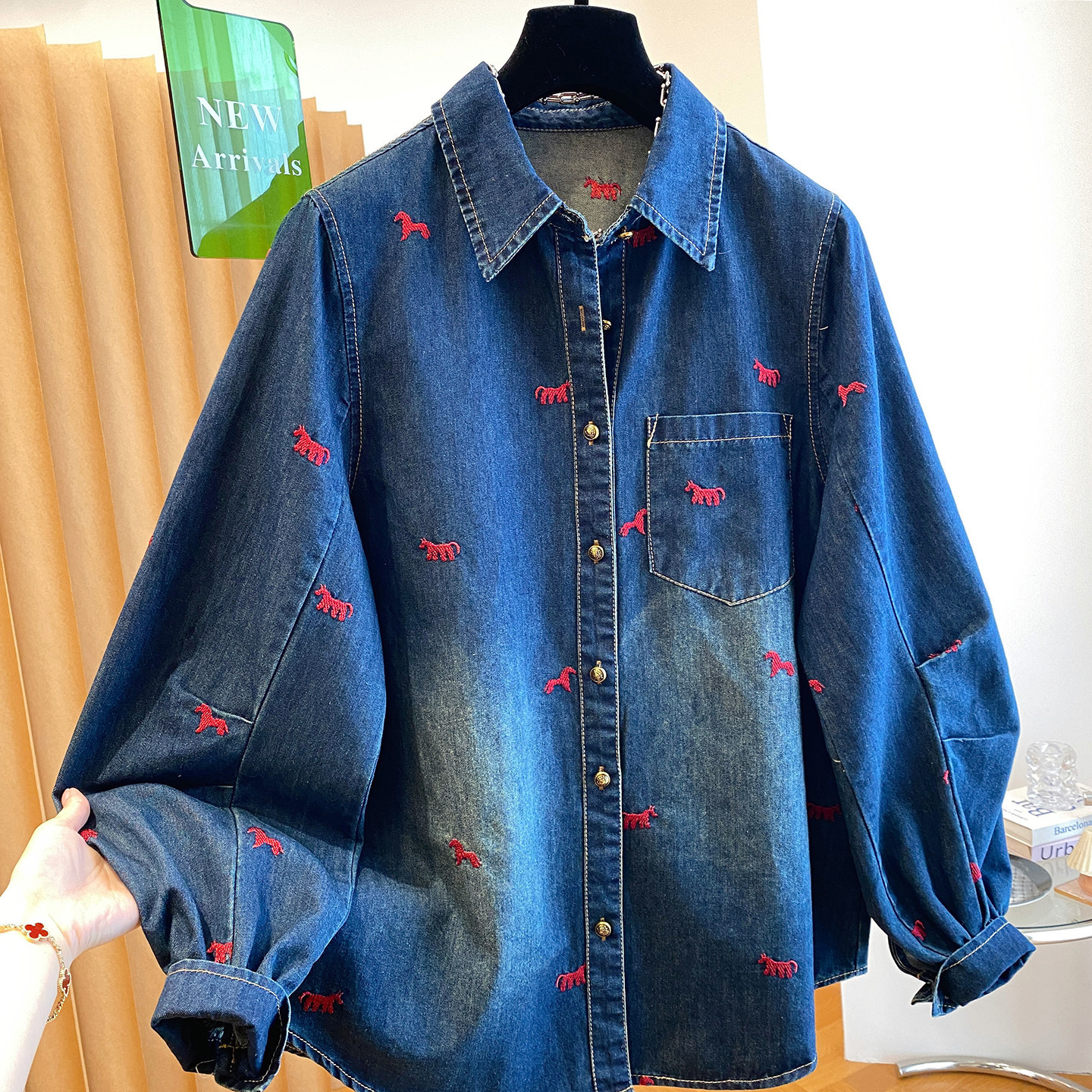 High-end retro pony embroidered denim shirt jacket for women, spring and autumn 2026 new loose Korean style jacket top