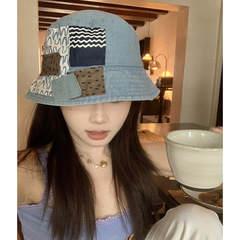 日系小眾牛仔漁夫帽戶外遮陽帽子女夏季補丁貼布水桶盆帽防曬帽男