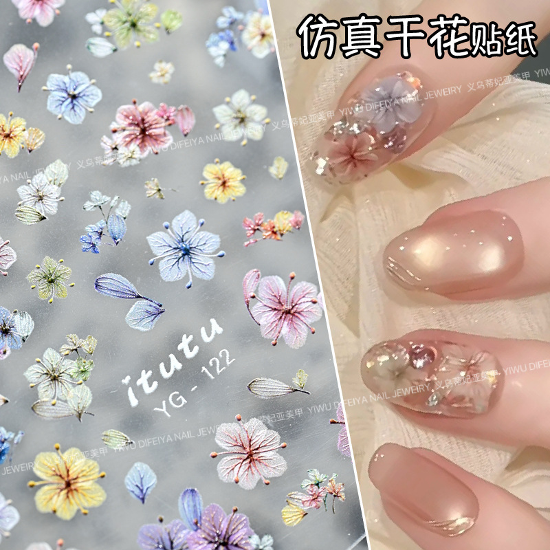 2026 Spring High-Realism Artificial Dried Flower Nail Stickers Japanese Style Micro-Relief Small Floral Dried Flower Nail Stickers